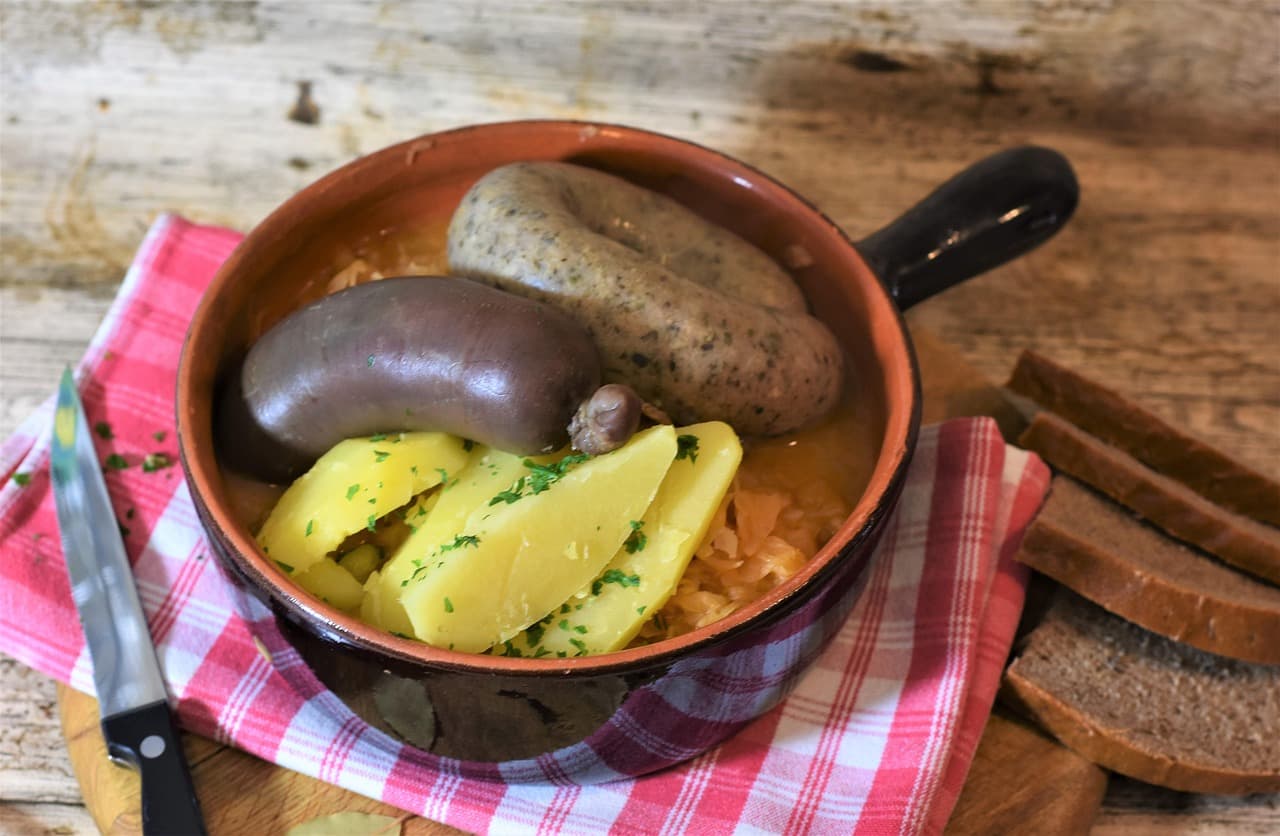 German Sausage Plate with Sauerkraut & Potatoes