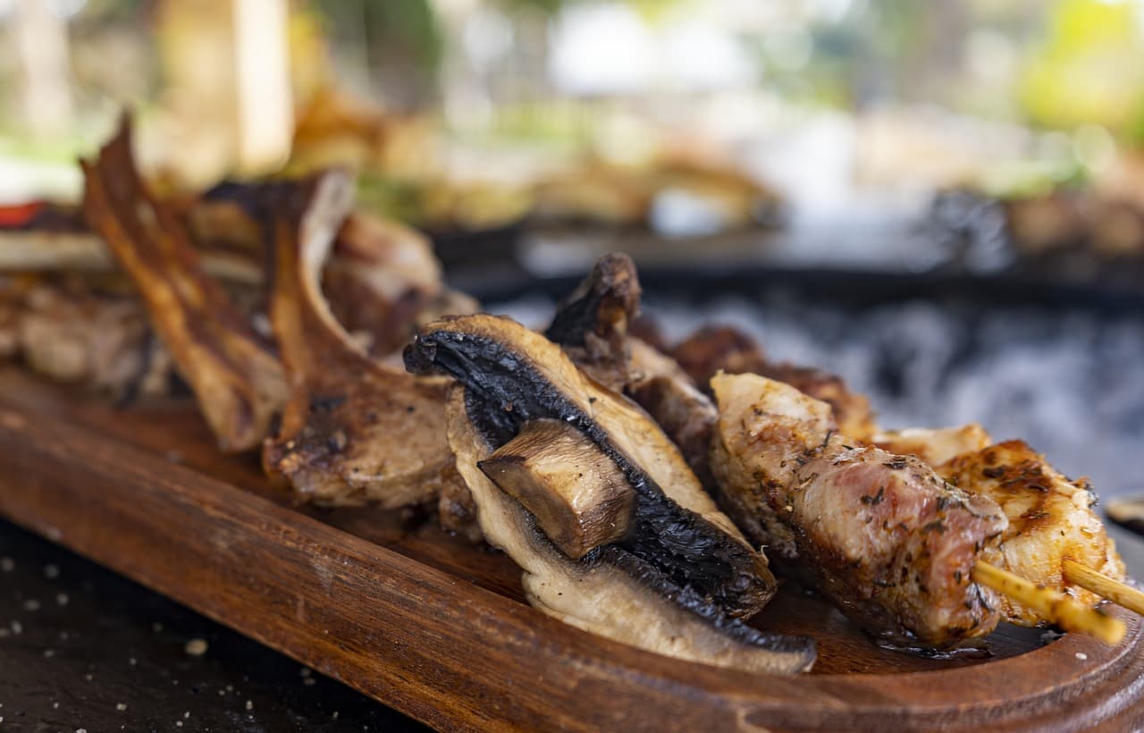 Greek Grilled Lamb Chops, Souvlaki & Mushrooms