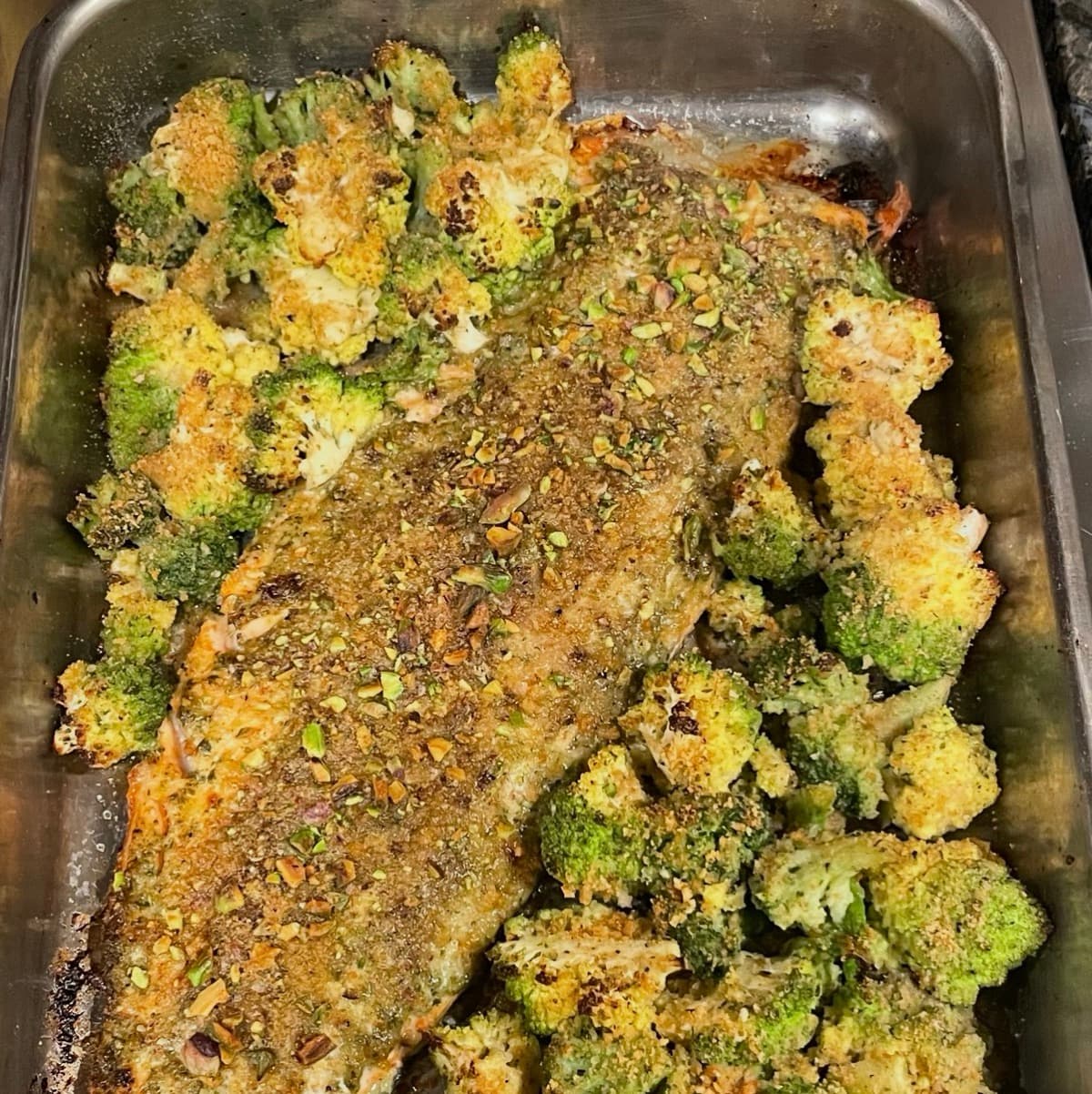 Pistachio & Herb Crusted Salmon with Roasted Broccoli and Romesco