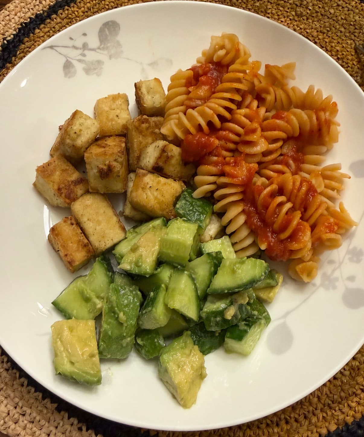 Crispy Tofu Bowl with Tomato Fusilli and Avocado Cucumber Salad