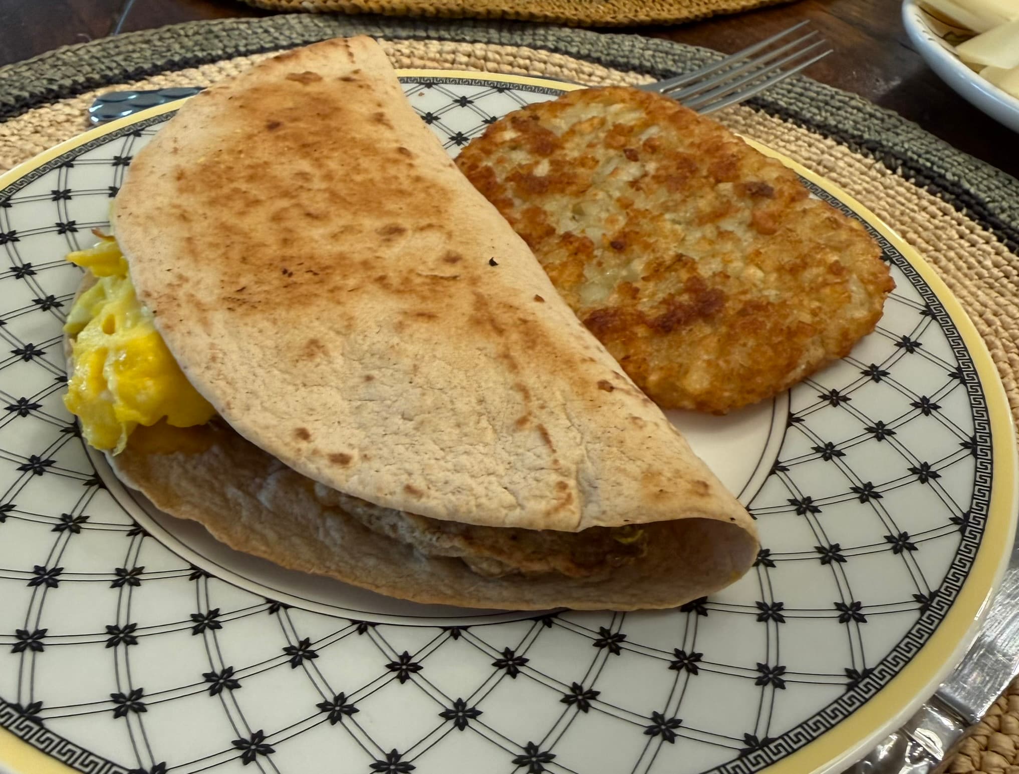 Egg and Cheese Quesadilla with Hashbrown and Chicken Sausage
