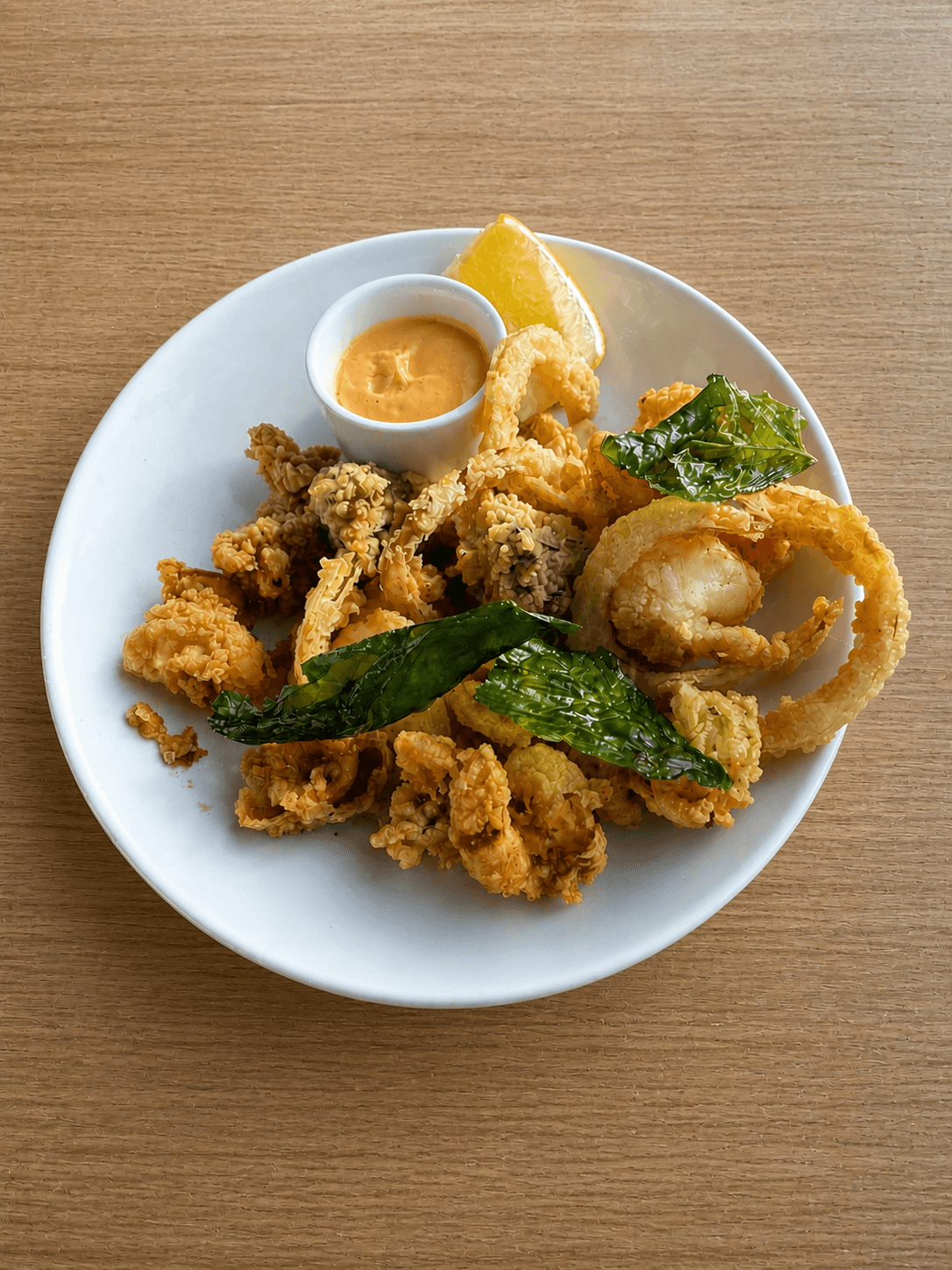 Crispy Fried Calamari with Spicy Aioli and Fried Basil