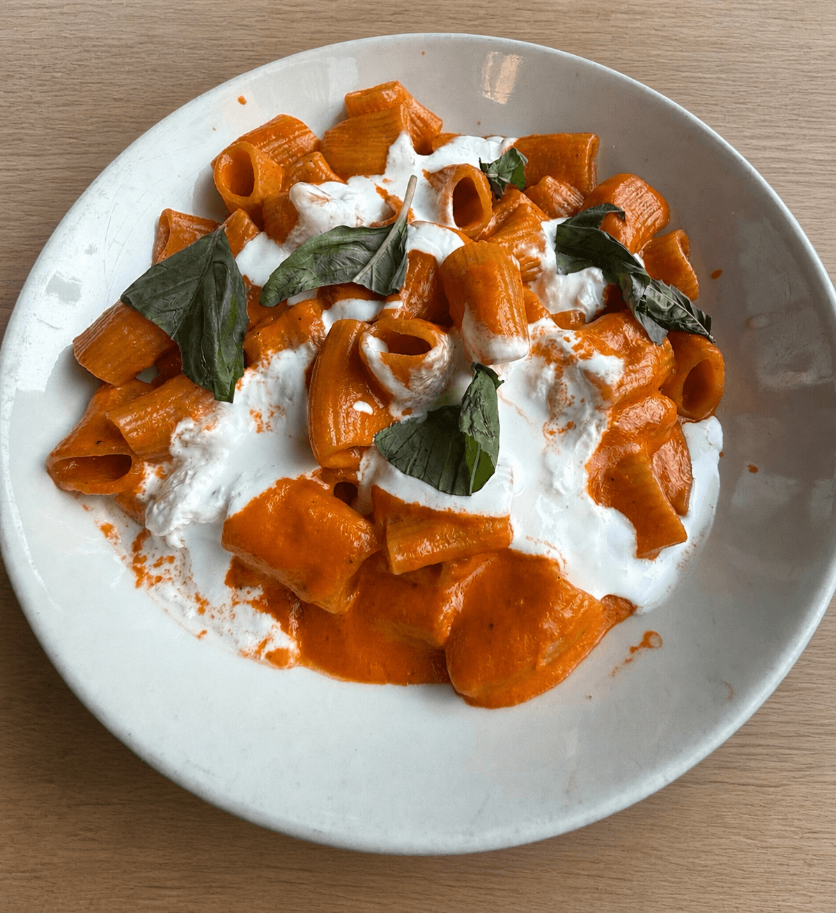 Rigatoni with Spicy Tomato Cream Sauce and Stracciatella