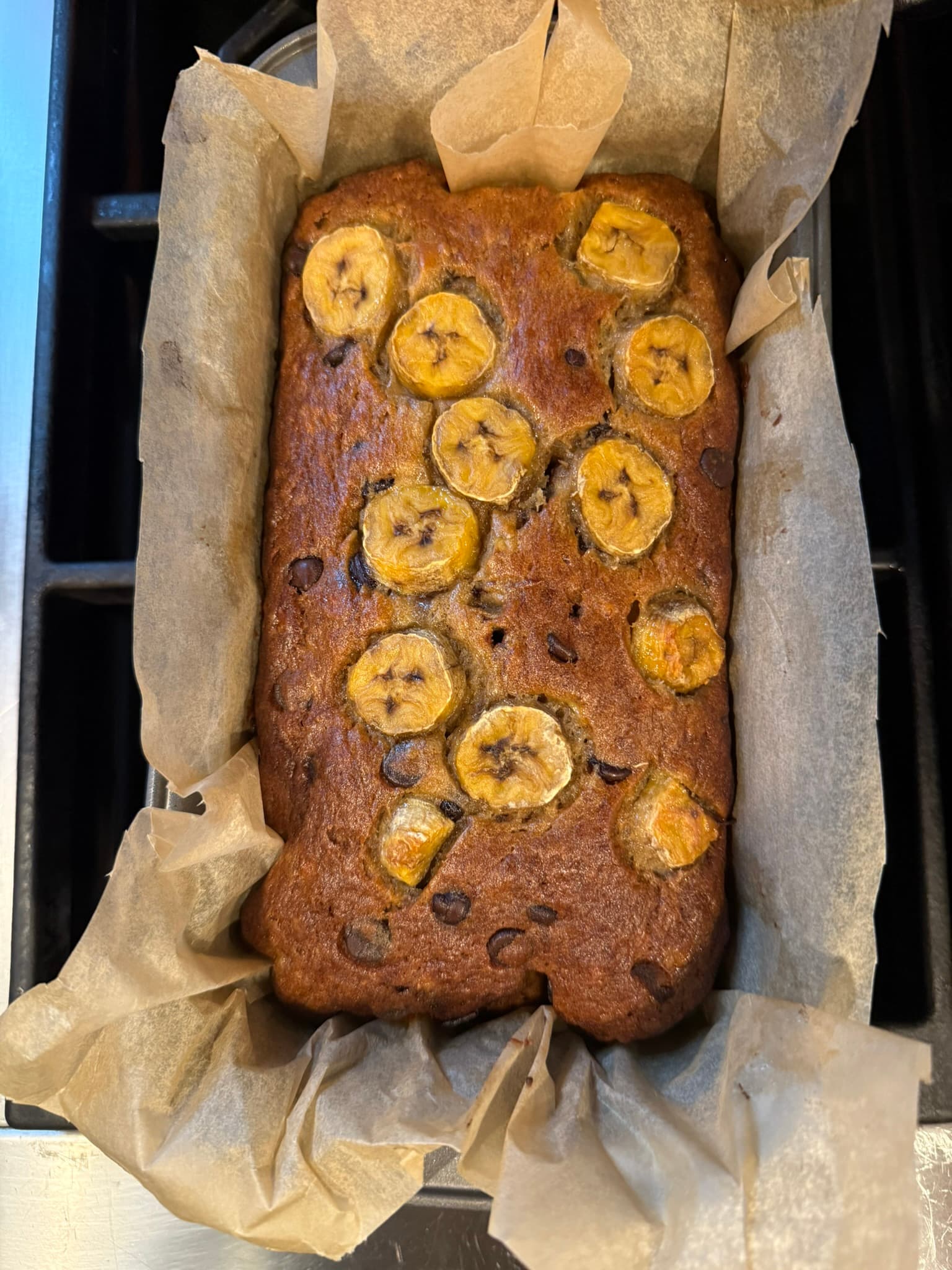 Chocolate Chip Banana Bread with Caramelized Banana Topping
