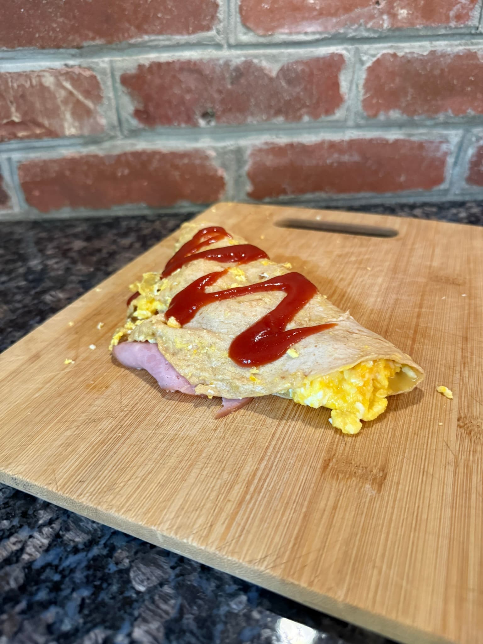 Ham, Egg & Cheese Breakfast Quesadilla with Ketchup Drizzle
