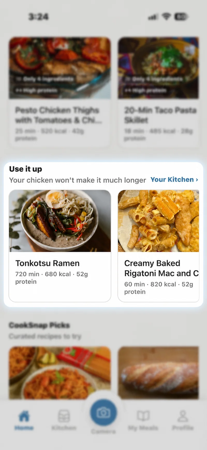 CookSnap home screen Use-it-up section suggesting meals for chicken that expires soon