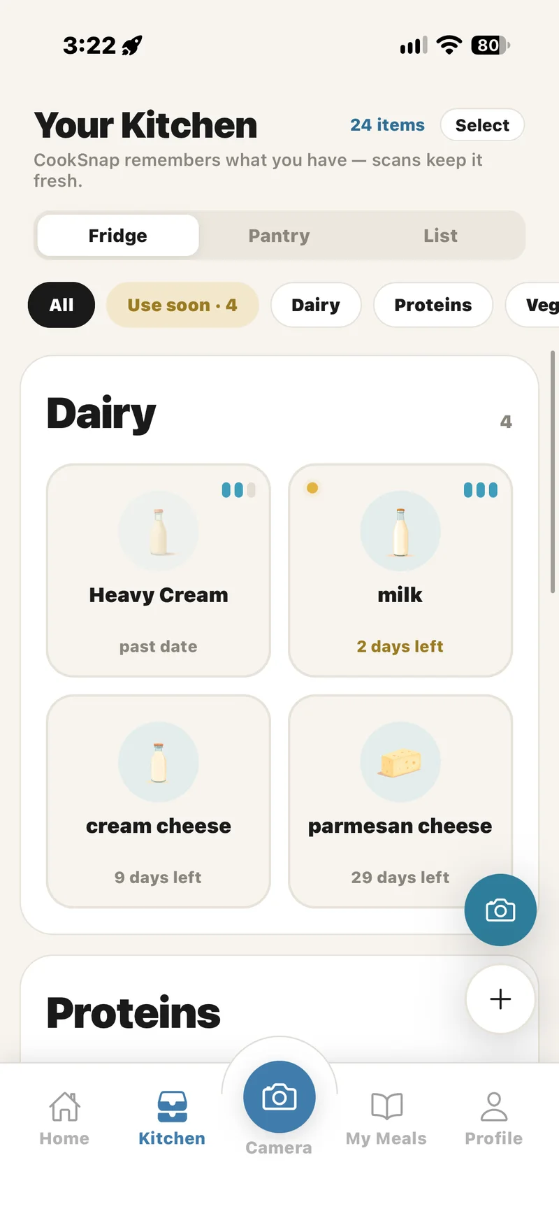 CookSnap Kitchen fridge board showing dairy items with days-left freshness estimates