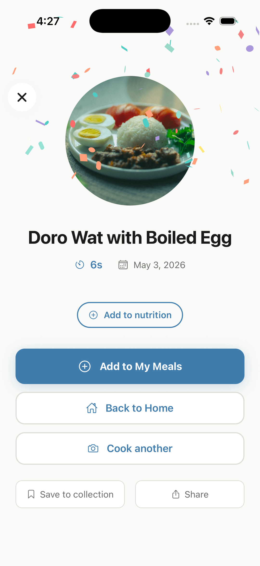 CookSnap completion screen for Doro Wat with Boiled Egg with confetti and Add to My Meals button